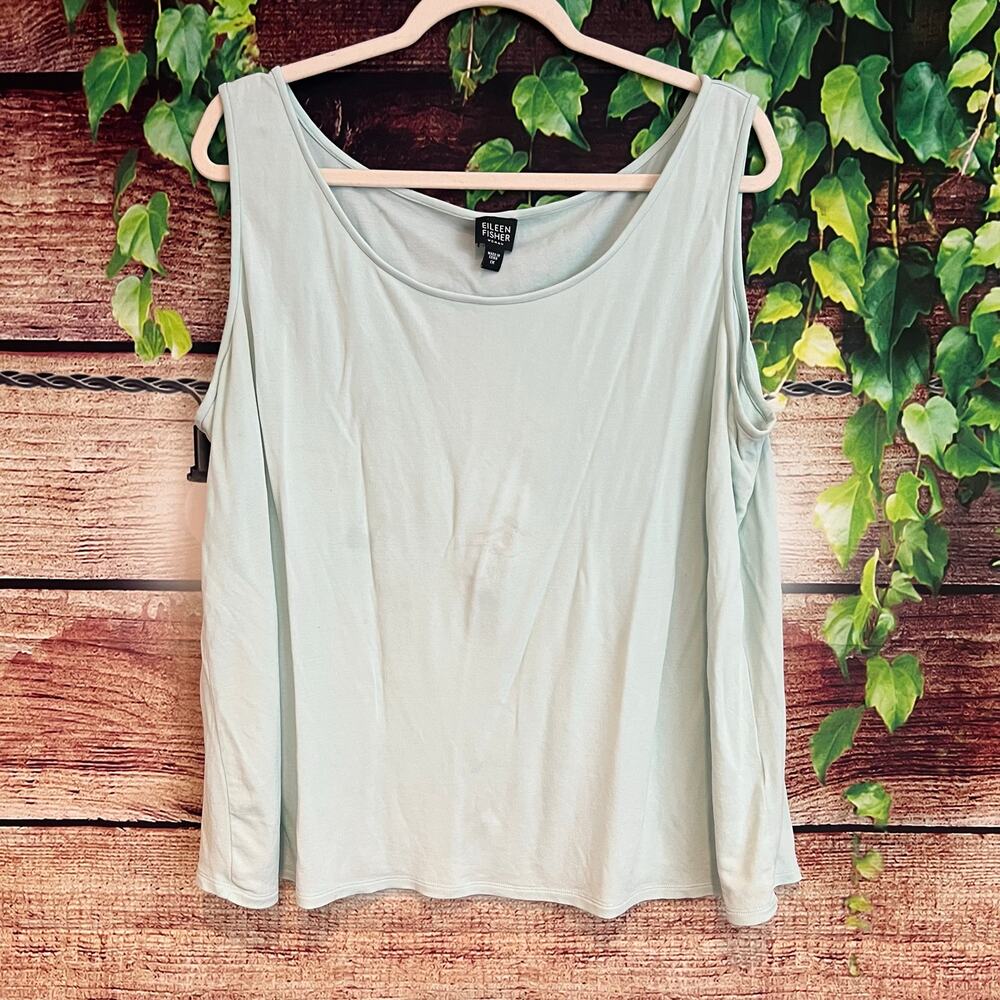 Eileen Fisher 100% Silk Crepe Bateau Scoop Neck Tank Top Blouse 1X Green Shirt